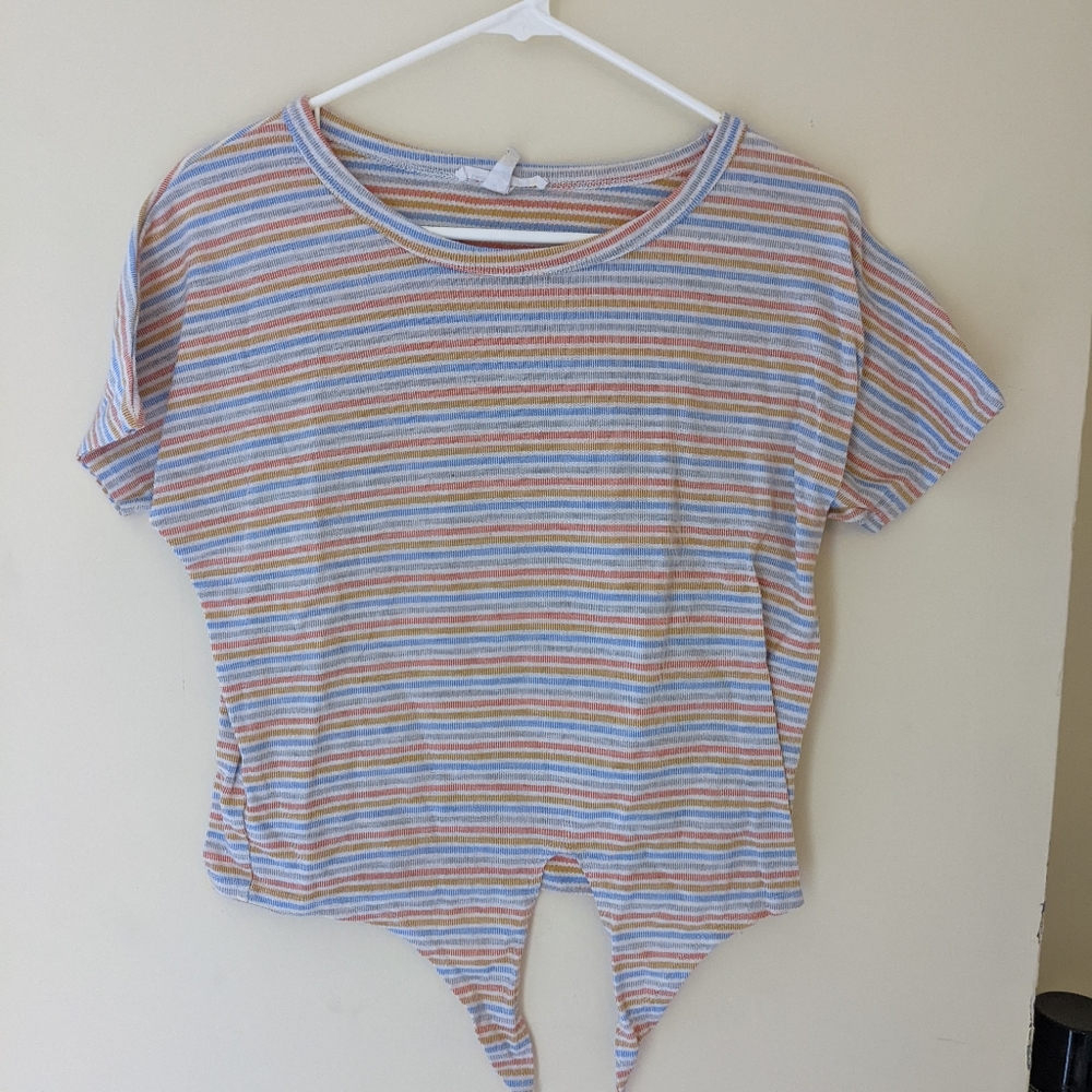 Striped knit tie front shirt